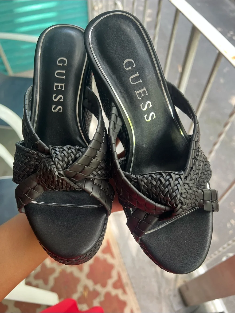 GUESS Black Eveh Knotted Jute Wrapped Platform Wedge Sandals